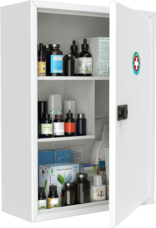 Uniclife Wall Mount Medicine Cabinet - Locking First Aid Organizer with Combination Lock | Large White Steel Storage Box