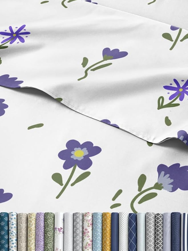 Floral Sheets - Purple Floral Bed Sheet Set - 1 Flat, 1 Fitted & 2 Pillowcases w/ Deep Pockets - Comfy, Wrinkle & Fade Free - Boho Botanical Bedding - Ultra-Soft, Breathable & Cooling - Full Size Set
