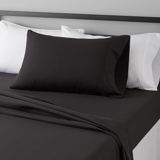 Amazon Basics Lightweight Super Soft Easy Care Microfiber 3 Piece Bedsheet Set with 14-Inch Deep Pockets, Twin XL, Black, Solid