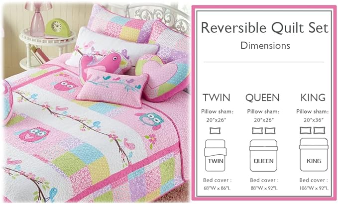 Cozy Line Home Fashions Twin - 6 Piece Cute Owl Pink Blue Green Embroidery 100% Cotton Reversible Girl Bedding Quilt Set, Coverlet, Bedspreads (1 Quilt + 1 Sham + 4 Decorative Pillows)