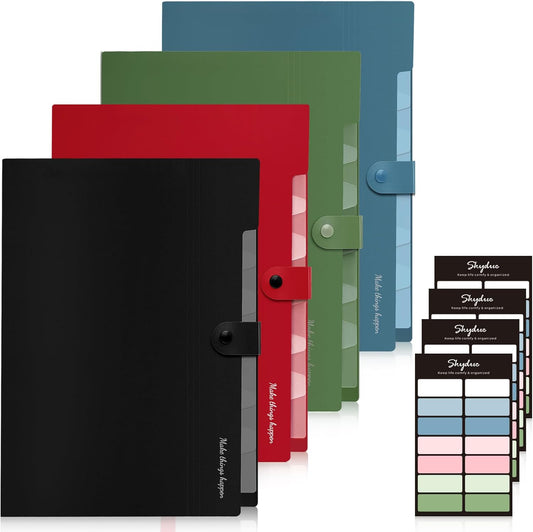 SKYDUE Accordion File Organizer - 8 Pockets, Portable A4 Document Folders with Snap Closure | Pack of 4