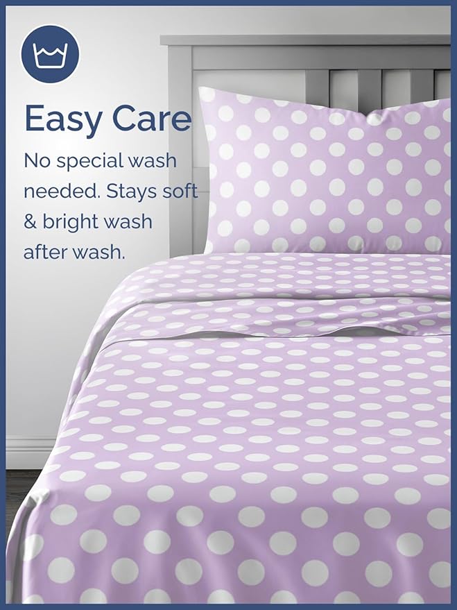Kids Purple Dots Queen 4 Piece Sheet Set - Boys, Girls, Teens, Toddler - Easy Fit Deep Pockets - Breathable, Hotel Quality Sheets - Machine Washable - Wrinkle Free - Cute, Cozy, Soft - CGK Linens