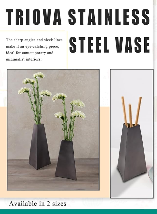 Serene Spaces Living Triova Stainless Steel Vase – Perfect for Fresh & Dried Flowers, Sculptural Accent for Mantels, Coffee Tables & Office Desks,Table Centerpiece, 4.5" Wide & 8.5" Tall, Pack of 12