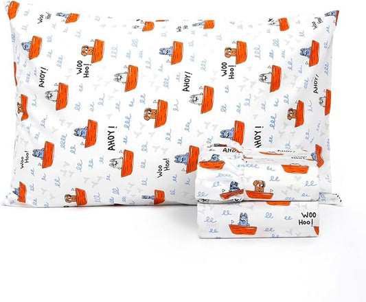 Salt Earth 100% Cotton 210TC Kids Bedsheet, Twin Sheets Set for Toddler Bed, 3 Piece Bedding Set Including Flat Sheet, Fitted Sheet, and Pillowcase, Themed Cute Sheets for a Playful Kids Bed (Ahoy)