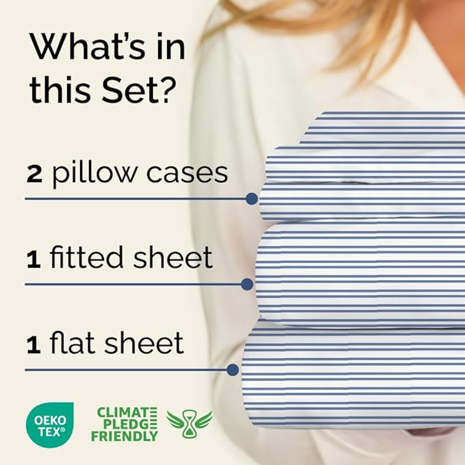Blue and White Striped Sheets - 1 Flat & 1 Fitted Sheet & 2 Pillowcases w/ Deep Pockets - Comfy, Wrinkle & Fade Resistant - Ultra-Soft, Breathable & Cooling - Luxury Pinstripe Bedding - Full Size