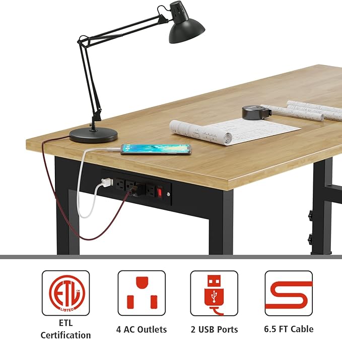 Adjustable Heavy Duty Workbench with Wheels,Rubber Wood Top Working Table, 2500 LBS Load Capacity with for Workshop and Office,etc.