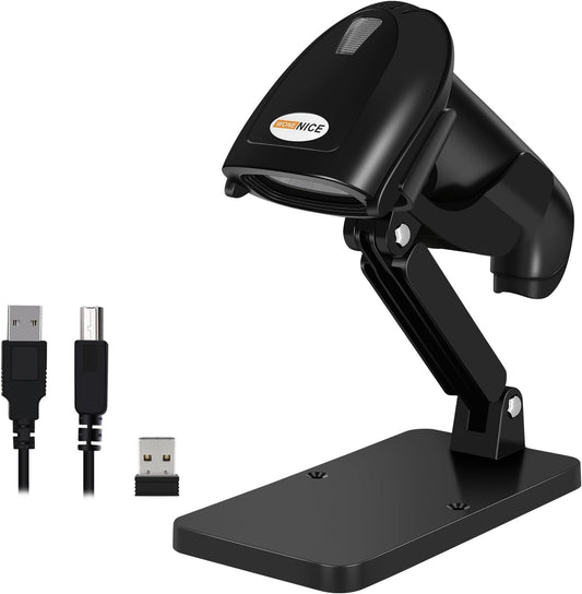 WoneNice Wireless Barcode Scanner - 1D & 2D QR Code Reader with Stand | USB Receiver, Black