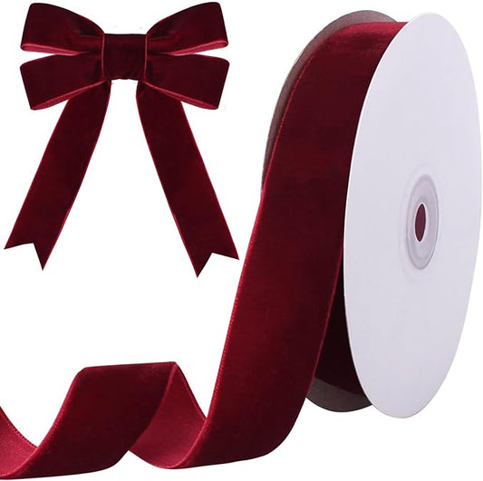 10 Yards Burgundy Velvet Ribbon 1 Inch for Christmas Tree,Dark Red Velvet Christmas Ribbon for Gift Wrapping Crafts Bow Wreath Holiday Decorations (Burgundy)