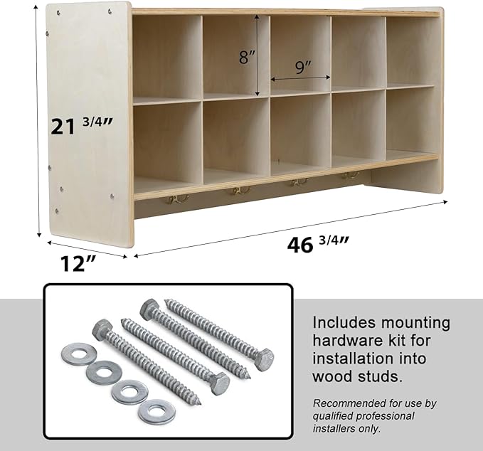 10-Section Wood Cubbies Storage with Brown Plastic Bins, Wall Cubby Hanging Organizers with Hooks