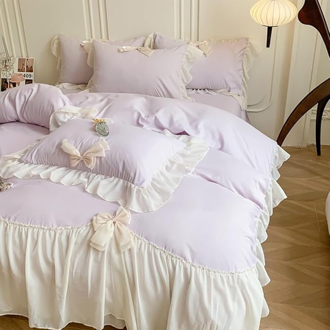 Ruffled Bedding Bow Duvet Cover Set with Butterfly Tie, Soft Brushed Microfiber Shabby Chic Bedding Set with Zipper Closure-Pureple,Full Size