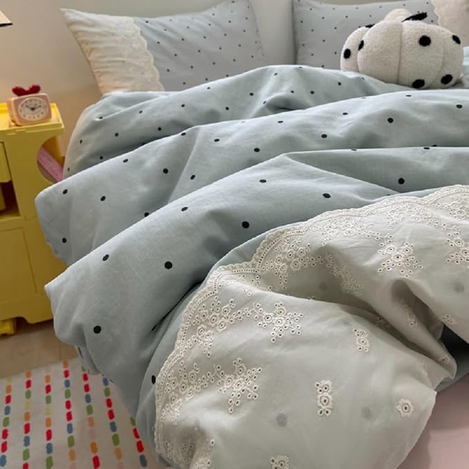 LifeTB Lace Comforter Set Full Size Cute Black Dots Bedding Set Lightweight Soft Girls Princess Style Comforter with 2 Pillowcases Romantic Lace Design Chic Polka Dots Comforter Set for All Seasons
