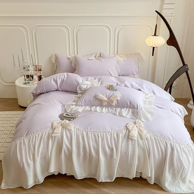 Ruffled Bedding Bow Duvet Cover Set with Butterfly Tie, Soft Brushed Microfiber Shabby Chic Bedding Set with Zipper Closure-Pureple,Full Size