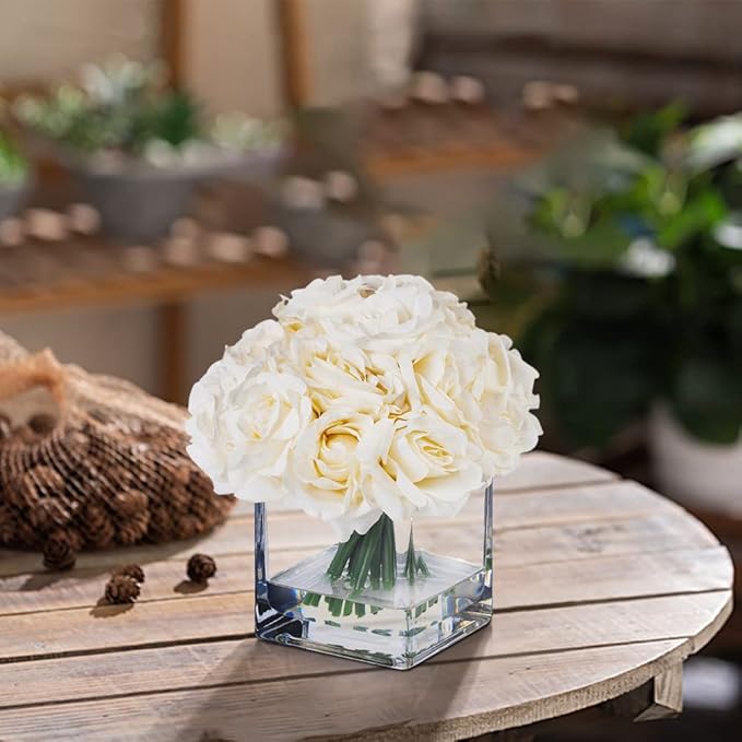 ENOVA FLORAL 18 Pieces Rose Artificial Flowers in Vase, Artificial Flowers Arrangements in Vase with Faux Water for Dining Table Decoration, Home Decor Indoor(Cream)