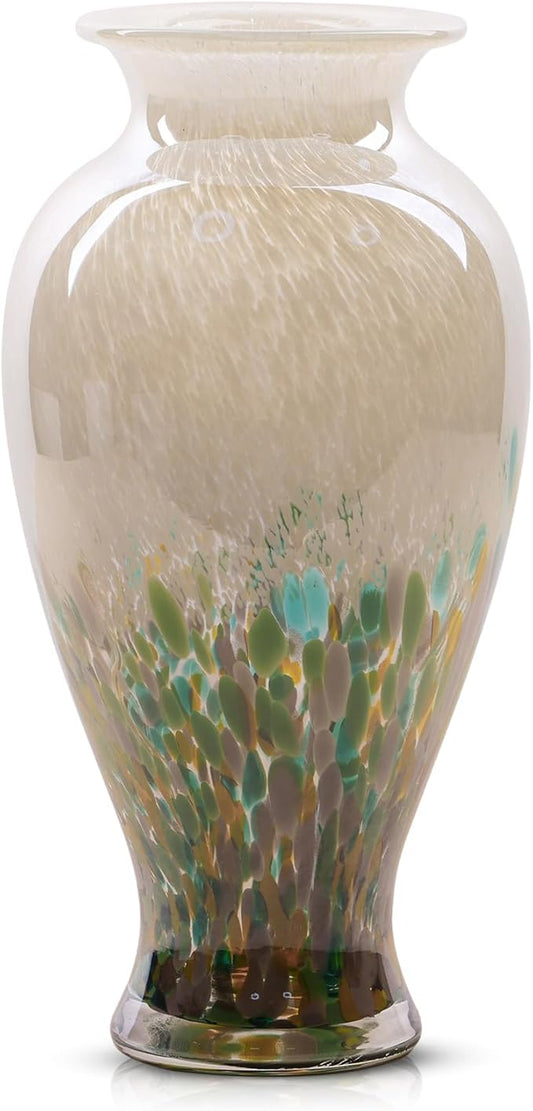 11.8" Tall Green Glass Vase Beautiful Hand Blown Glass Vase Modern Art Home Decor, Wide Mouth Colorful Vases for Mantle Dining Table Centerpiece, Entryway Living Room Wedding Decoration