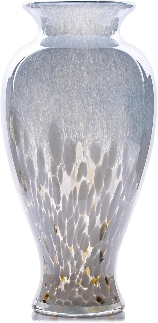 11.8" Tall Blue and White Glass Vase Beautiful Hand Blown Glass Vase Modern Art Home Decor, Wide Mouth Colorful Vases for Mantle Dining Table Centerpiece, Entryway Living Room Wedding Decoration