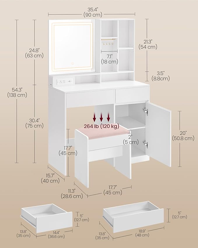 VASAGLE KAILYN Collection - 35.4-Inch Wide Vanity Desk with Mirror and Lights, Power Outlets, Vanity Table Set with Stool, Jewelry Storage, Adjustable Shelves, for Bedroom, Cloud White URDT132W02