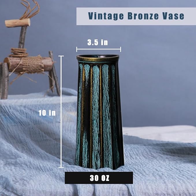 Bronze Vintage Vase, 10 Inches Antique Glass Vase Rustic European Unique Chic Style for Tabletop, Kitchen, Office, Living Room Decoration