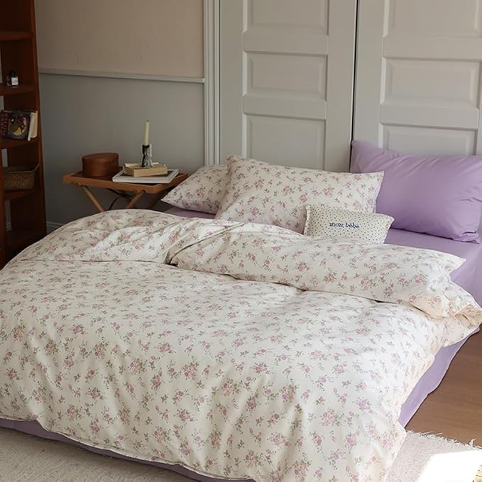 VM VOUGEMARKET Twin Comforter Set Lavender Pink Flower Bedding Comforter with 2 Pillowcases,All Season Use Bright & Lightweight Cottagecore Comforter Set for Teen Girls 68"x90"