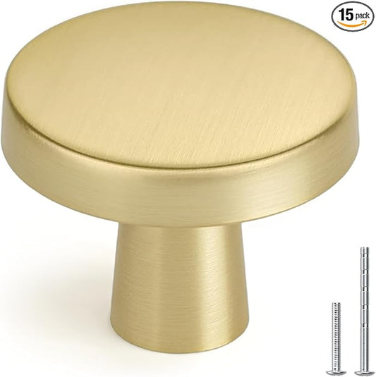 homdiy 15 Pack Gold Cabinet Knobs Round Brushed Brass Kitchen Handles Zinc Alloy Metal Hardware for Dresser Drawer Desk Cupboard