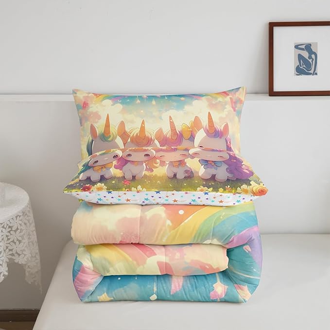 Unicorn Comforter Set Twin Size,Reversible Cute Unicorn Rainbow Cartoon Horse Animal Bedding Set for Kids Boys Men,Kawaii Style Flowers Galaxy Cloud Quilted Duvet Set with 1 Pillowcase