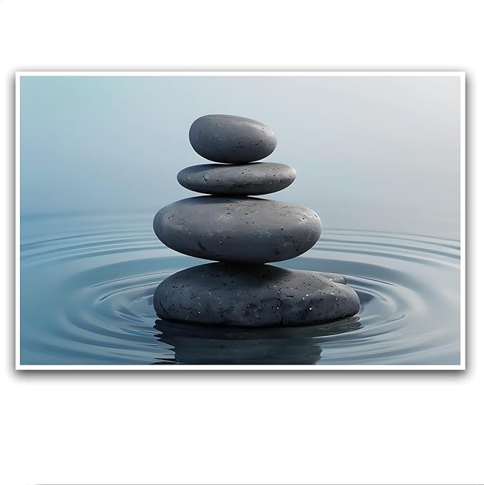 Zen wall art Harmonious grey stones stacked on a calm surface of water Serene Zen decor suitable for tranquil homes and spaces of meditation 28x40in Frameless