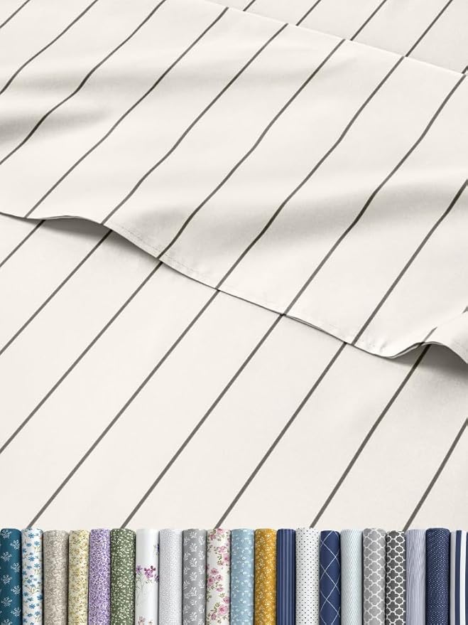 Striped Sheets - Beige & White Striped Sheets - 1 Flat & 1 Fitted & 2 Pillowcases w/ Deep Pockets – Wrinkle & Fade Free - Soft, Breathable and Cooling – Luxury Pinstripe Bedding - King Size Bed Set