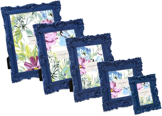 Laura Ashley 4x6 Navy Ornate Textured Hand-Crafted Resin Picture Frame with Easel & Hook for Tabletop & Wall Display, Decorative Floral Design Home Décor, Photo Gallery, Art, More (4x6, Navy)