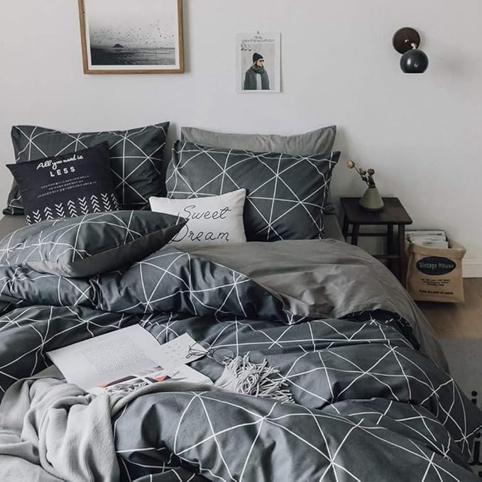 LifeTB Grey Plaid Comforter Set Full Size Geometric Plaid Bedding Comforter Set 3 Pieces Plaid Grid Comforter with 2 Pillowcases Fluffy Soft Checkered Pattern Comforter Set for All Season Full Size