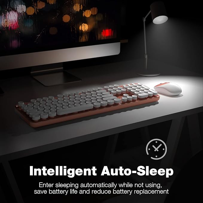 Wireless Keyboard and Mouse Combo, MOWUX Full Size Typewriter Retro Round Computer Keyboard, Mouse Wireless, Plug and Play, for Laptop, PC, Computer- Orange