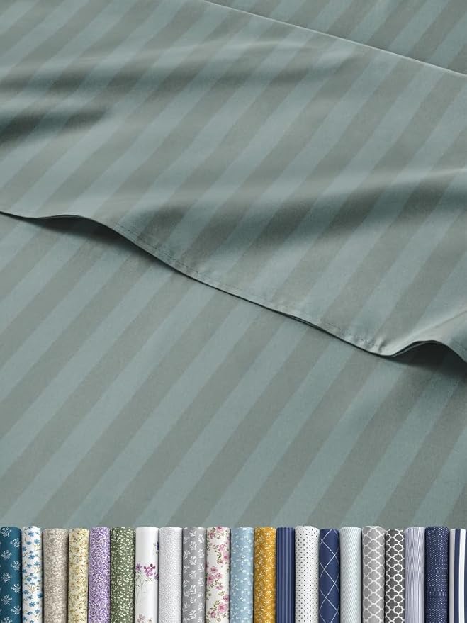 Striped Sheets - Green Striped Sheets - 1 Flat & 1 Fitted & 2 Pillowcases w/ Deep Pockets – Comfy, Wrinkle & Fade Free - Ultra-Soft, Breathable & Cooling – Luxury Pinstripe Bedding - Full Size Bed Set