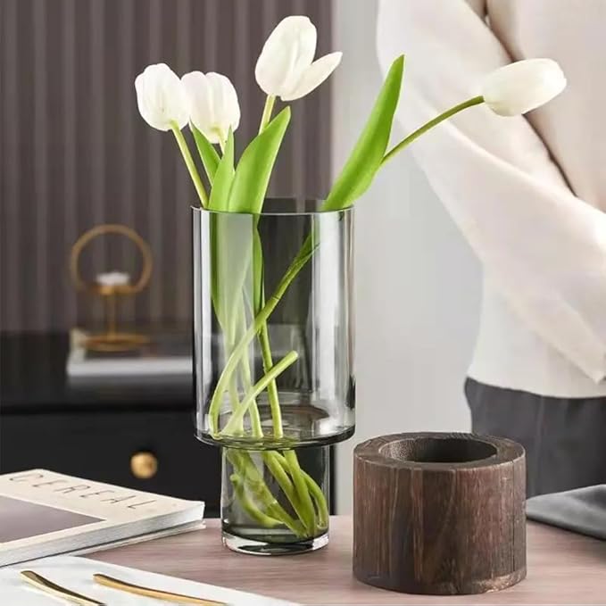 Artistic Wood Glass Vase, 12" H, Large Wooden Base Cylindrical Flower Vase, Classic Boho Rustic Style for Fireplace Bedroom Kitchen Living Room Centerpieces Office Desk