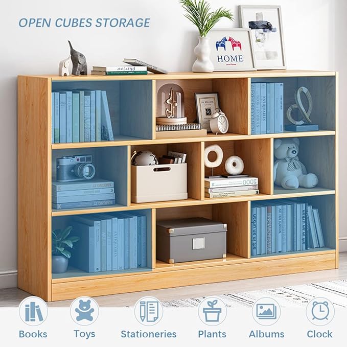 IOTXY Open Shelf Low Bookcase - Wooden 3-Tier Floor Standing Display Cabinet Organizer with Base, 5 Cubes Short Horizontal Bookshelf in Pear Yellow