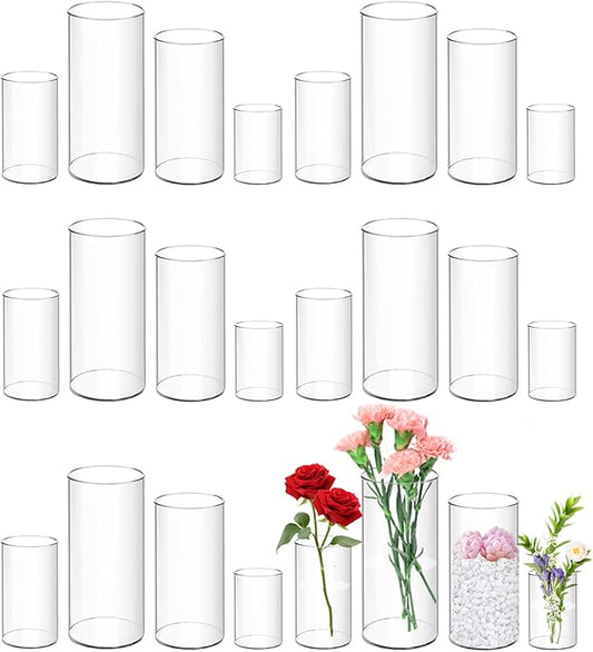 24 Pack Plastic Cylinder Vases, 4 6 8 10 Inch Tall Acrylic Cylinder Clear Flower Vase Set Bulk Glass Like Large Round Plastic Vases for Centerpiece Wedding Home Office