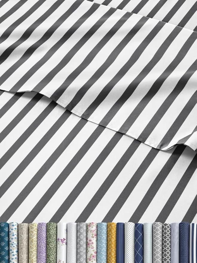 Striped Sheets - Grey Striped Sheets - 1 Flat & 1 Fitted & 2 Pillowcases w/ Deep Pockets – Wrinkle & Fade Free - Ultra-Soft, Breathable and Cooling – Luxury Pinstripe Bedding - Cal King Size Bed Set