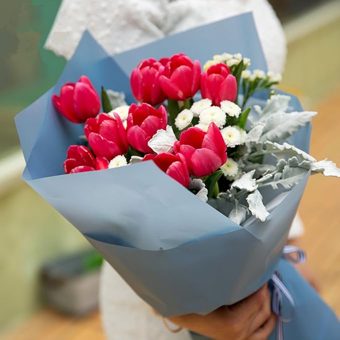 BBJ WRAPS Korean Style Flower Wrapping Paper Floral Bouquet Gift Packaging Supplies Multi Colors 20 Counts (Pale Blue)