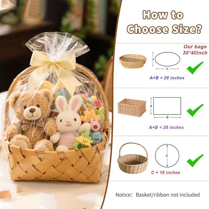 STPIYFZU 15PCS Large Cellophane Bags 30x40 Inch Christmas Clear Cellophane Wrap for Gift Baskets, 2.5 Mil Thick Clear Plastic Gift Bags for Christmas Birthday Baby Shower Wedding Raffles Party Favors
