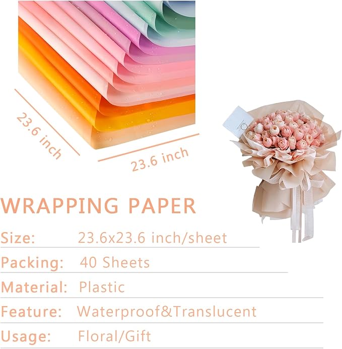 BBJ WRAPS Translucent Flower Wrapping Paper for Florist Waterproof Durable Bouquet Wrapping Paper for Floral Arrangements on Valentine's Day, Mother's Day, 22.8x22.8 Inch - 40 Sheets (Blue)