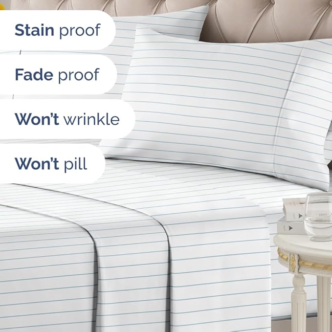 Sky Blue and White Striped Sheets - 1 Flat & 1 Fitted Sheet & 2 Pillowcases w/ Deep Pockets - Wrinkle & Fade Resistant - Ultra-Soft, Breathable & Cooling - Pinstripe Patterned Bed Set - King Size