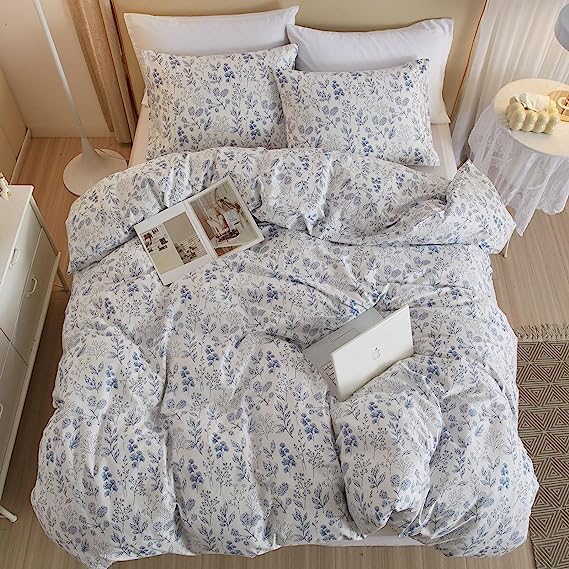LifeTB Boho Floral Duvet Cover King Soft Cotton Blue Floral Bedding Sets Vintage Style Chic Flower Botanical Comforter Cover Aesthetic Floral Bedding Sets Cotton King Duvet Cover with Zipper Closure