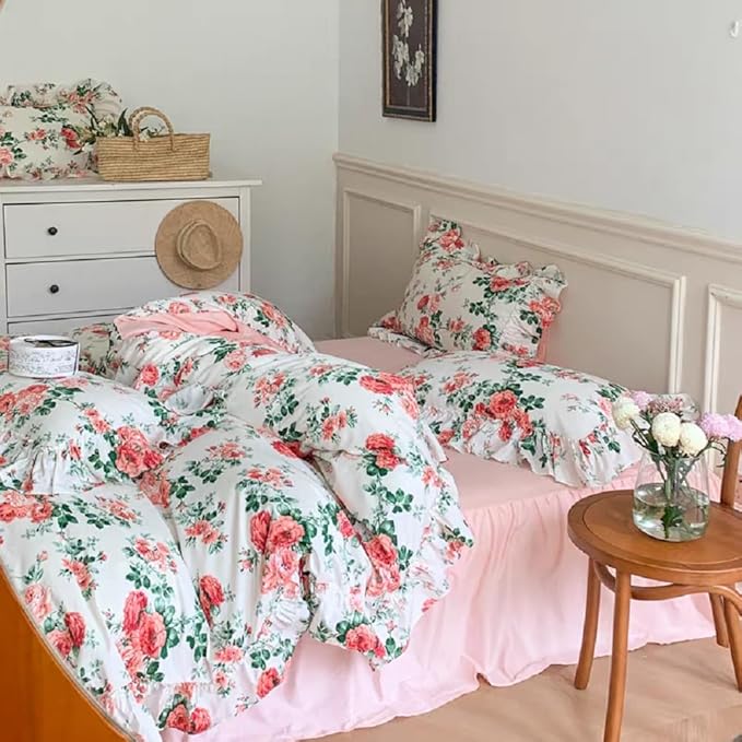 LifeTB Pink Floral Comforter Set King Vintage Pink Flower Leaves Botanical Coquette Bedding Comforter with 2 Pillowcases Romantic Ruffle Boho Comforter Floral King Bed Comforter Set for All Seasons