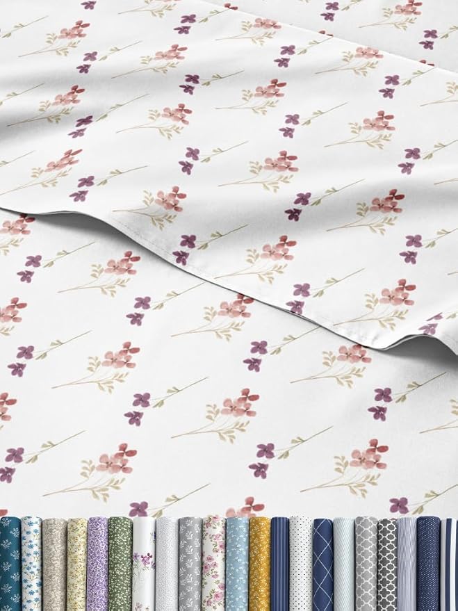 Floral Sheets - Pink & Purple Floral Bed Sheet Set - 1 Flat, 1 Fitted & 2 Pillowcases w/ Deep Pockets - Wrinkle & Fade Free - Boho Botanical Bedding - Ultra-Soft, Breathable a&Cooling - King Size Set