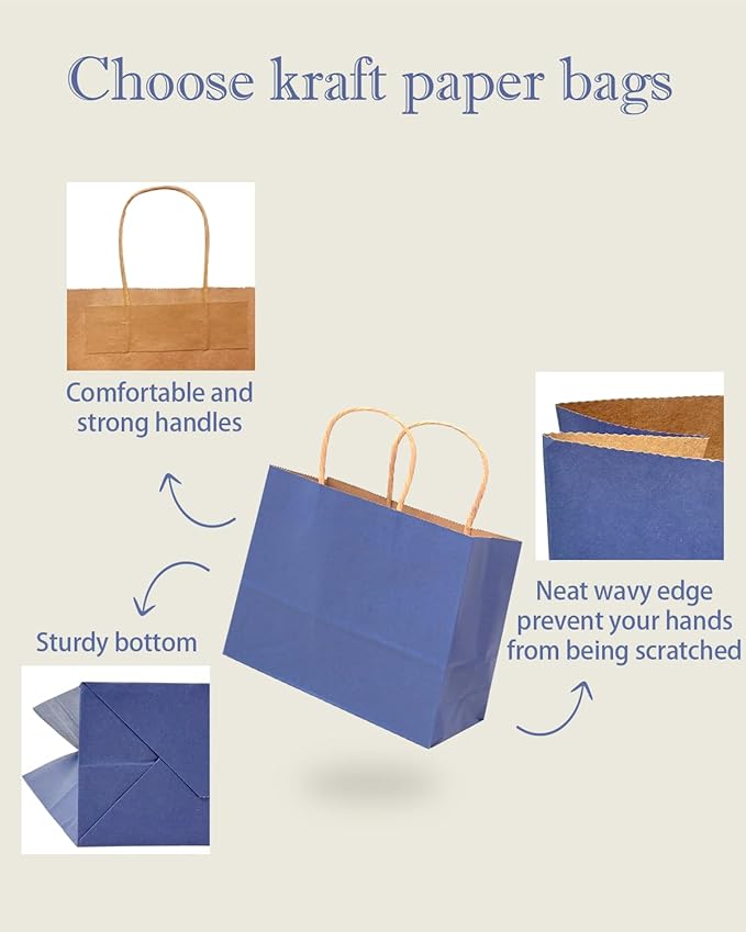 qiqee 13"x4.5"x10" Large Gift Bag with Handles Bulk 32PCS Gift Paper Bags Deep Blue Bags Multiple Uses (Wide Large)