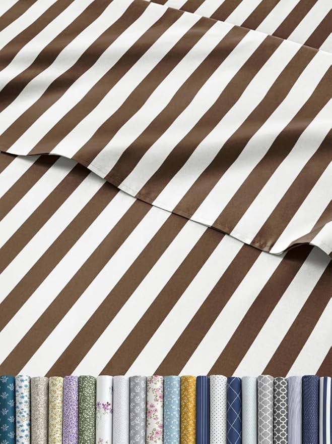 Striped Sheets - Brown Striped Sheets - 1 Flat & 1 Fitted & 2 Pillowcases w/ Deep Pockets – Comfy, Wrinkle & Fade Free - Soft, Breathable and Cooling – Luxury Pinstripe Bedding - Queen Size Bed Set