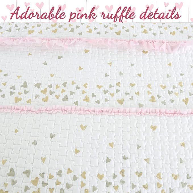 Cozy Line Home Fashions Pink Ruffle Gold Hearts Girl 100% Cotton Reversible All-Season Coverlet, Bedspread, Quilt Bedding Set (Sparkling Hearts, Queen - 5 Piece: 1 Quilt + 2 Shams + 2 Decor Pillows)