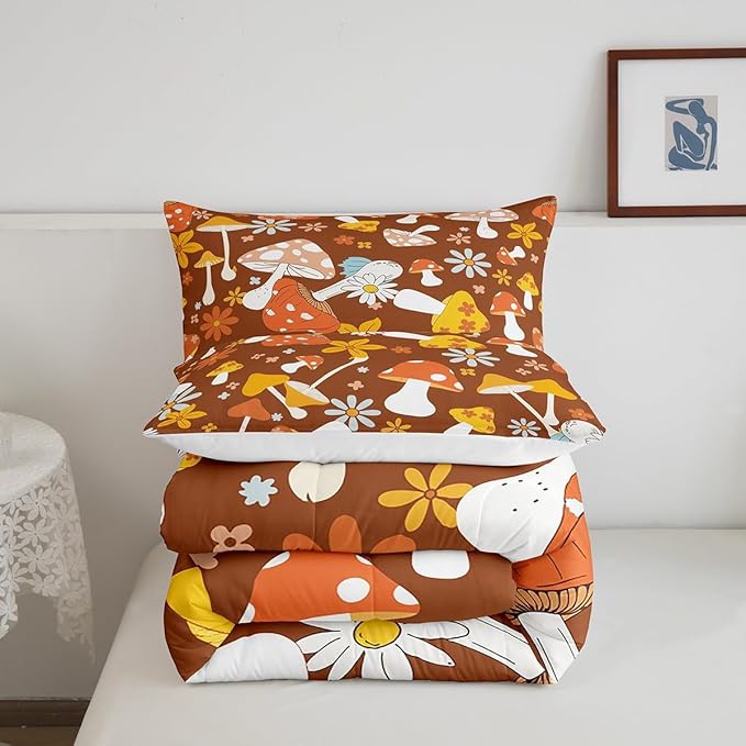 Castle Fairy 60s 70s Retro Hippie Queen Size Comforter Set,Groovy Flowers Mushroom Print Bedding Set with 2 Pillowcases,Boho Art Breathable Durable Polyester Bedding Set