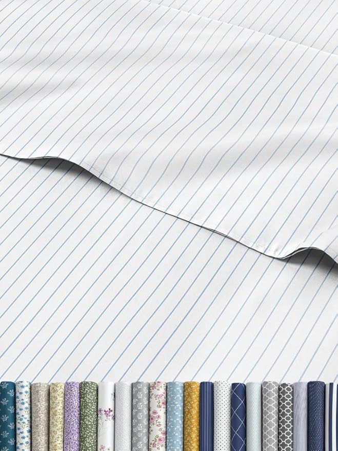Sky Blue and White Striped Sheets - 1 Flat & 1 Fitted Sheet & 2 Pillowcases w/ Deep Pockets - Wrinkle & Fade Resistant - Ultra-Soft, Breathable & Cooling - Pinstripe Patterned Bed Set - Queen Size