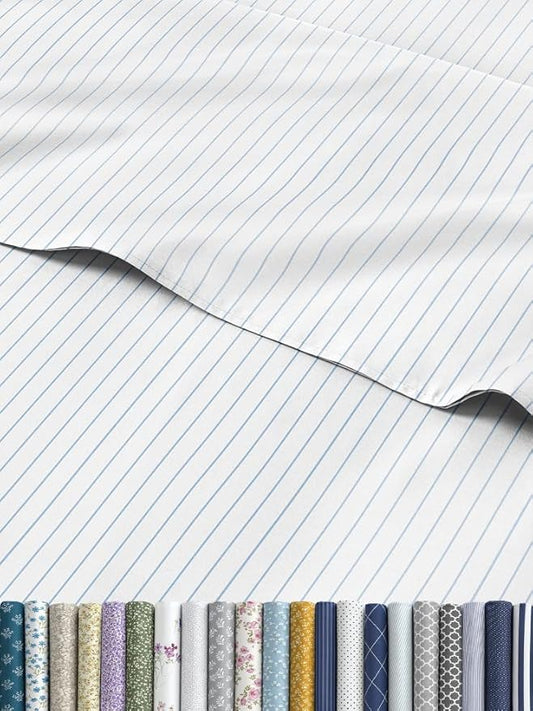 Sky Blue and White Striped Sheets - 1 Flat & 1 Fitted Sheet & 2 Pillowcases w/ Deep Pockets - Wrinkle & Fade Resistant - Ultra-Soft, Breathable & Cooling - Pinstripe Patterned Bed Set - Queen Size