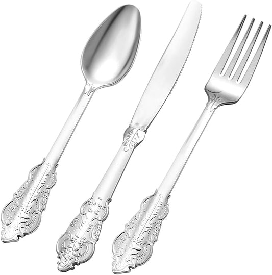 150PCS Silver Plastic Silverware for 50 Guests, Heavy Duty Silver Disposable Utensils Sets, Includes 50 Forks, 50 Spoons, 50 Knives, Elegant Cutlery Perfect for Wedding, Party