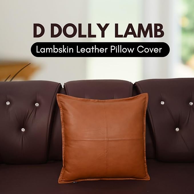 D DOLLY LAMB Lambskin Leather Pillow Cover - Sofa Cushion Case - Decorative Throw Covers for Living Room & Bedroom, 20x20 Inches - Camel Antique Box