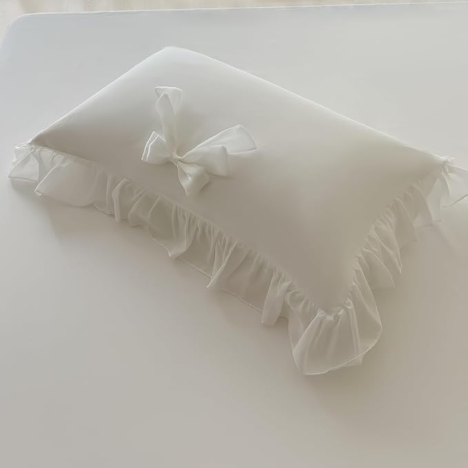 Chic Lace Bedding,Girls Twin Aesthetic Comforter Cover Set,Romantic French Princess Style Ruffled Duvet Cover with Lovely Bow with Zipper Closure-White,Twin